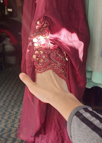 Bordo Nakışlı Uzun Kollu Bohem Kadın Elbise - Görsel 2