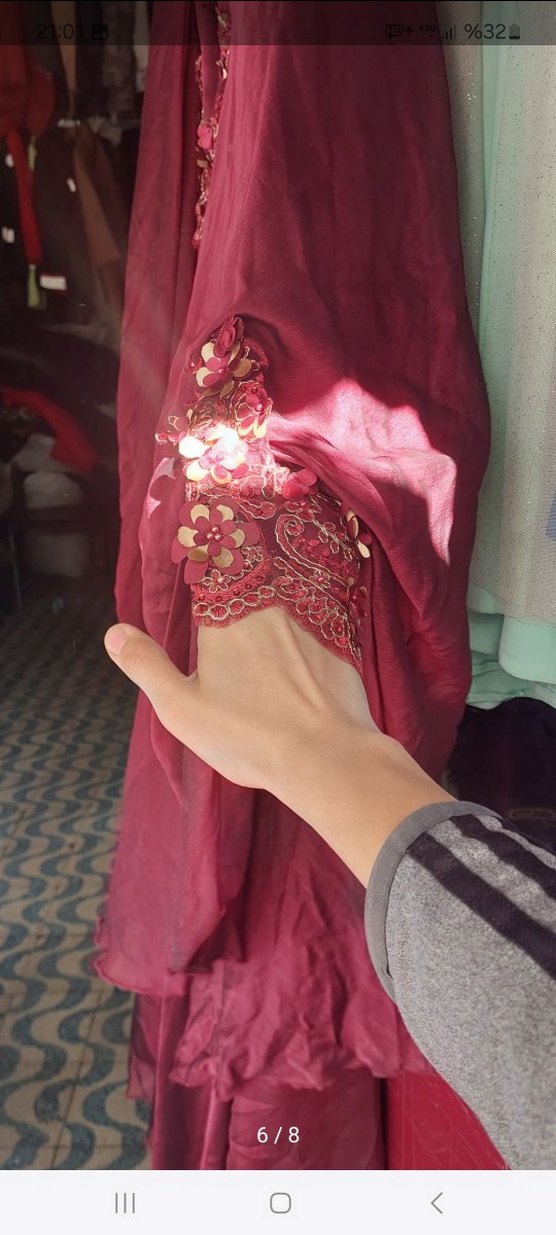 Bordo Nakışlı Uzun Kollu Bohem Kadın Elbise - Görsel 2