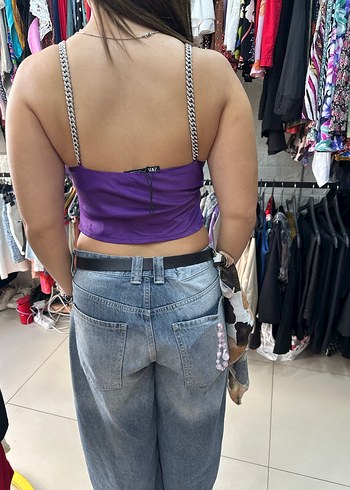 xs Beden Zara Parlak Mor Halter Yaka Strappy Bustier