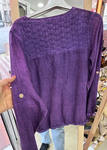 Mor V Yakalı Uzun Kollu Keten Bluz - Görsel 3