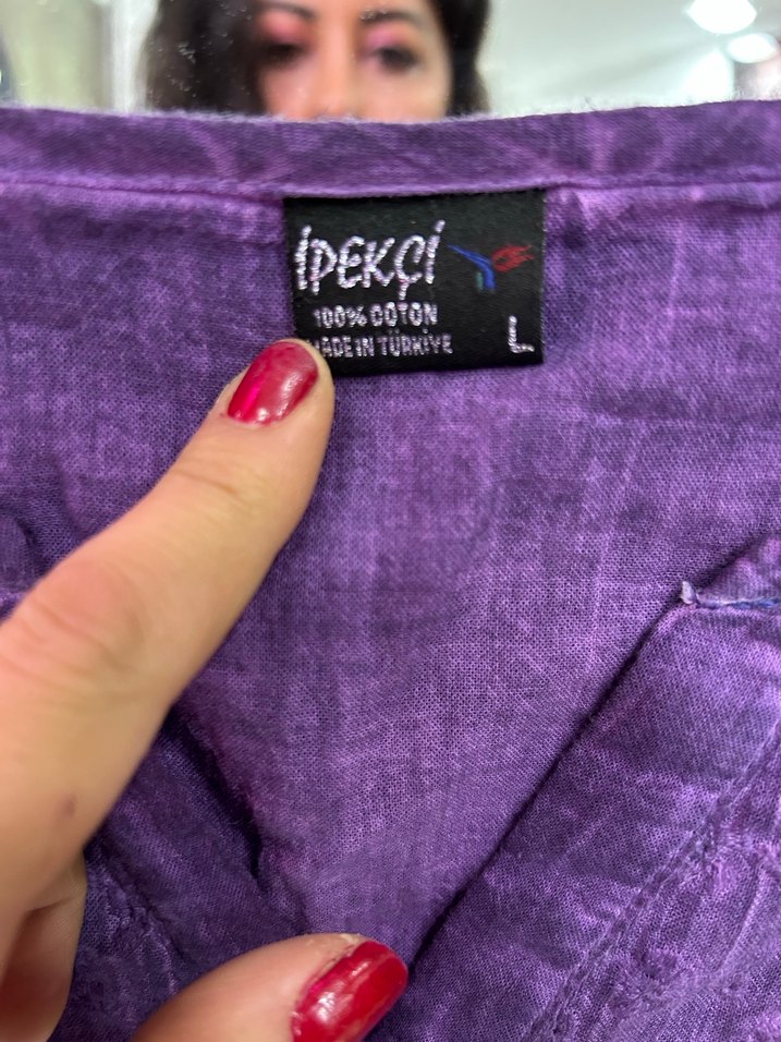 Mor V Yakalı Uzun Kollu Keten Bluz - Görsel 2