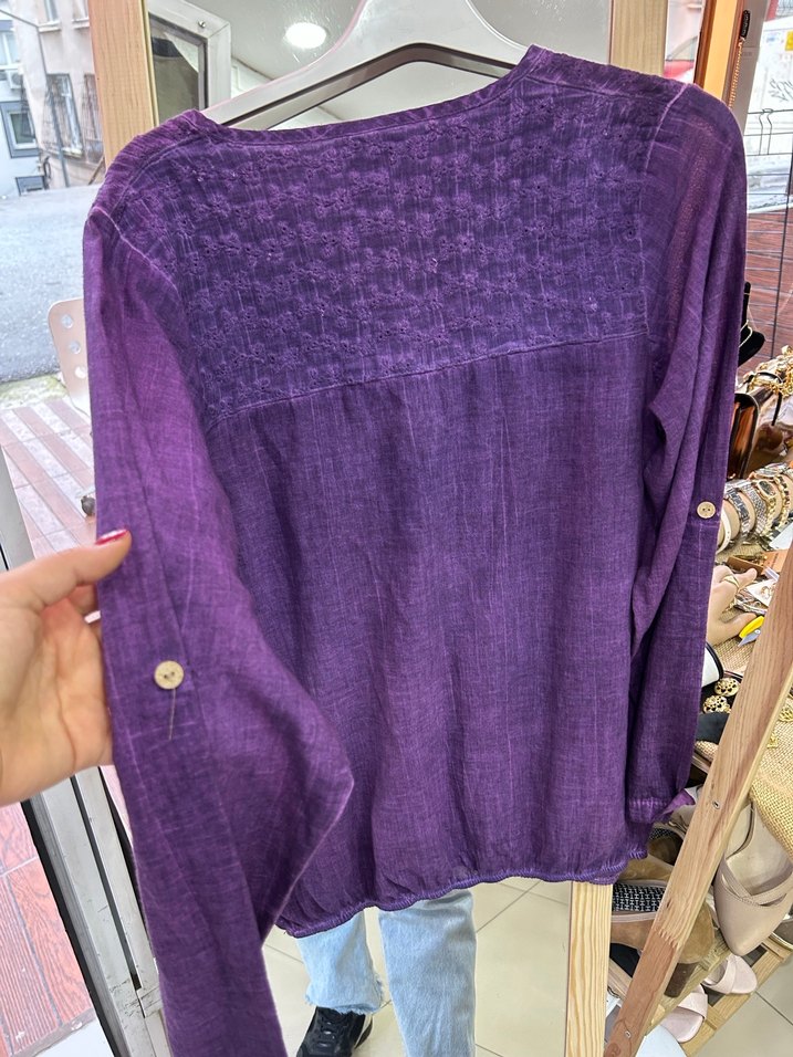 Mor V Yakalı Uzun Kollu Keten Bluz - Görsel 3