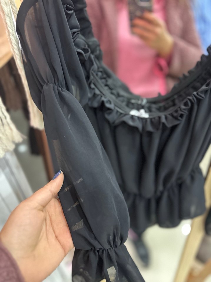 Tül Fırfırlı Siyah Gotik Mini Bluz - Görsel 3