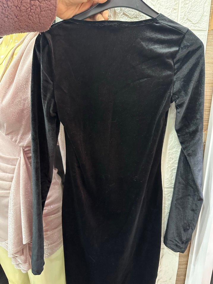 Drapeli kadife Siyah Uzun Kollu Gotik Uzun Elbise - Görsel 3