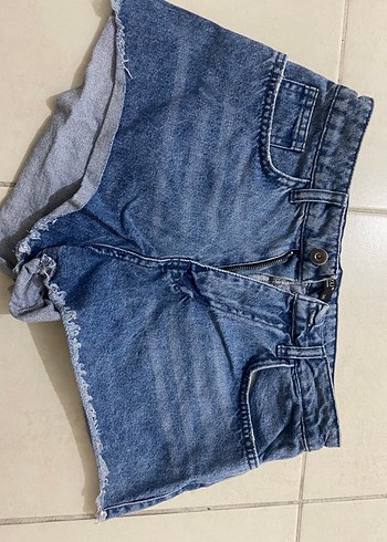 Düğmeli Gri Mavi Kadın Mini Denim Şort