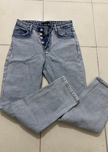 Düğmeli Gri Kadın Denim Pantolon