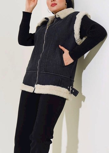 Kürklü Siyah Kot Kolsuz yelek - Görsel 4