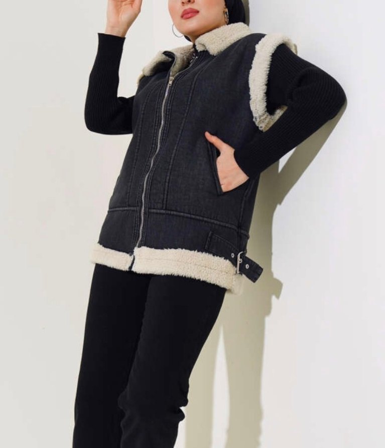 Kürklü Siyah Kot Kolsuz yelek - Görsel 4