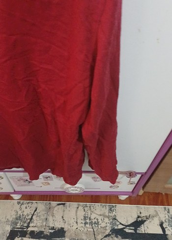 Diğer Kırmızı V Yaka Düğmeli Kadın Keten Gömlek
