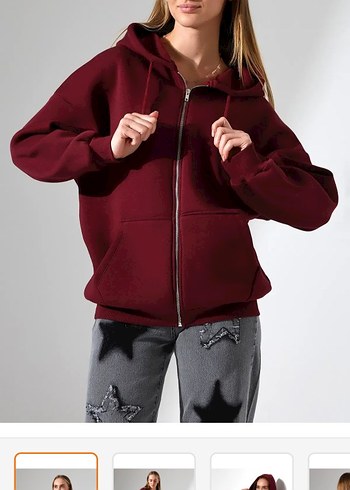 Bordo Kapüşonlu Fermuarlı Sweatshirt
