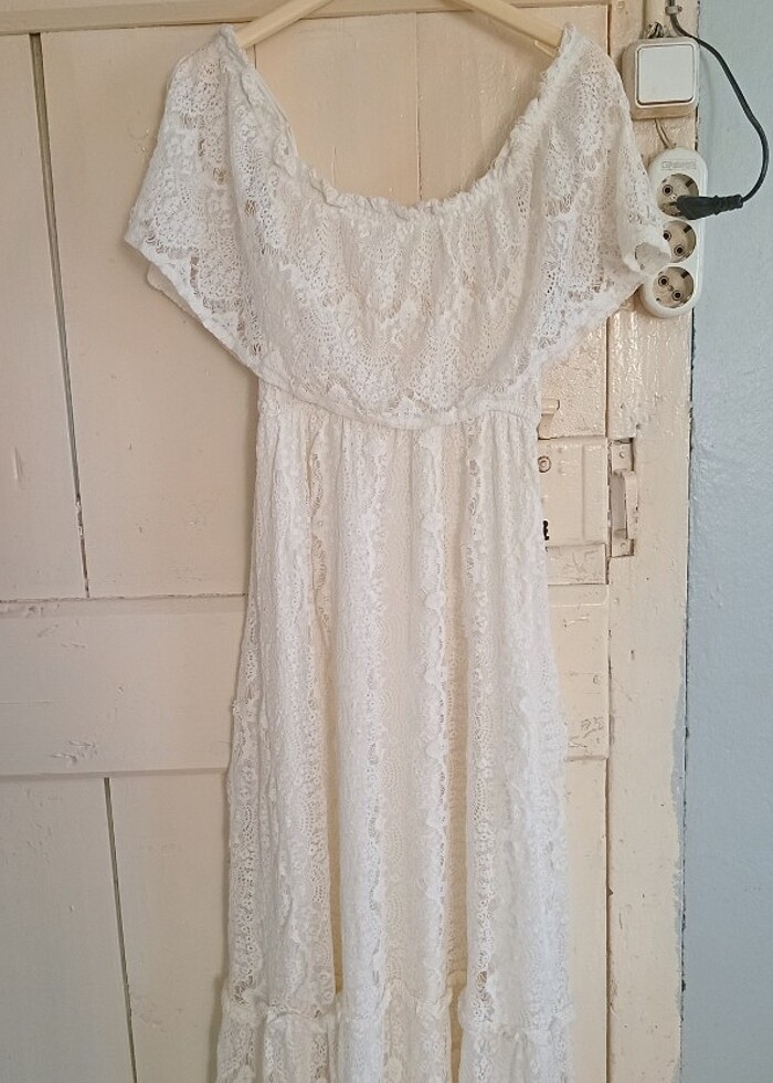 Beyaz uzun  dantelli hamile elbisesi  - Görsel 2