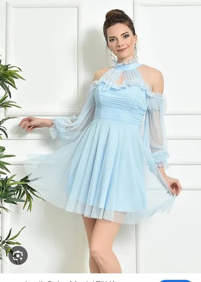 Bebe mavisi tül kısa abiye elbise  - Görsel 3