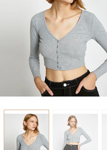 Gri V Yaka Düğmeli Crop