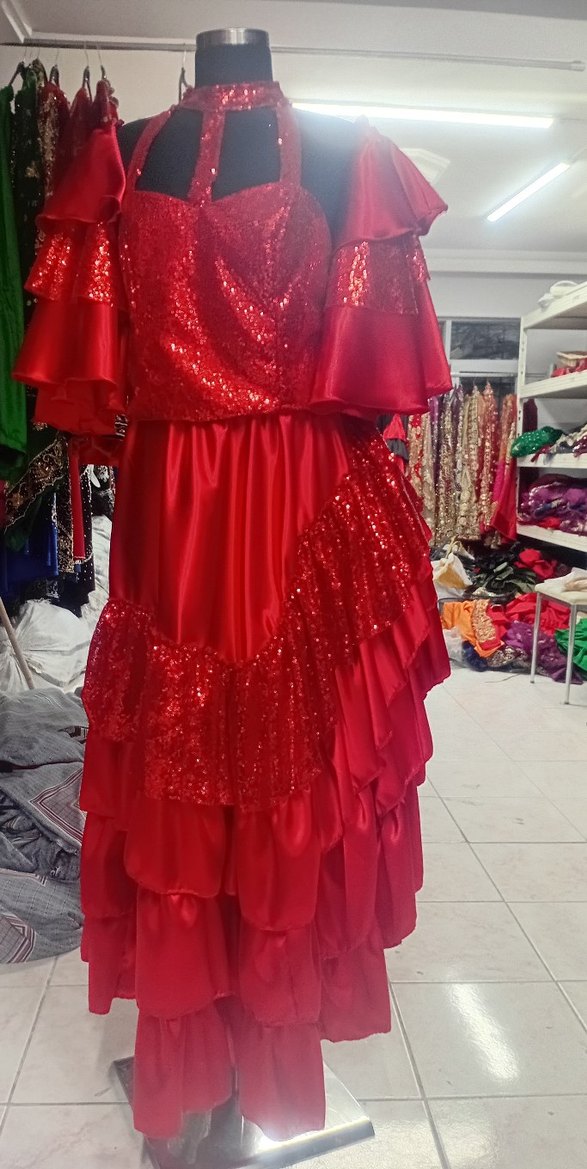 Kırmızı Payetli Uzun Volanlı Abiye Elbise - Görsel 4