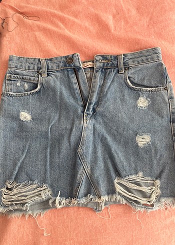 Düğmeli Mavi Denim kısa Etek
