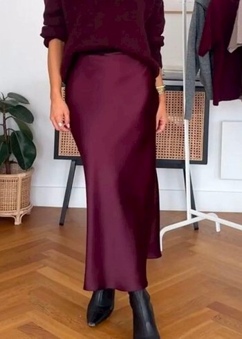 Bordo Kadın Uzun Saten Etek