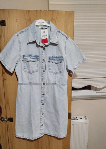 Düğmeli Kısa Kollu Mavi Denim Elbise