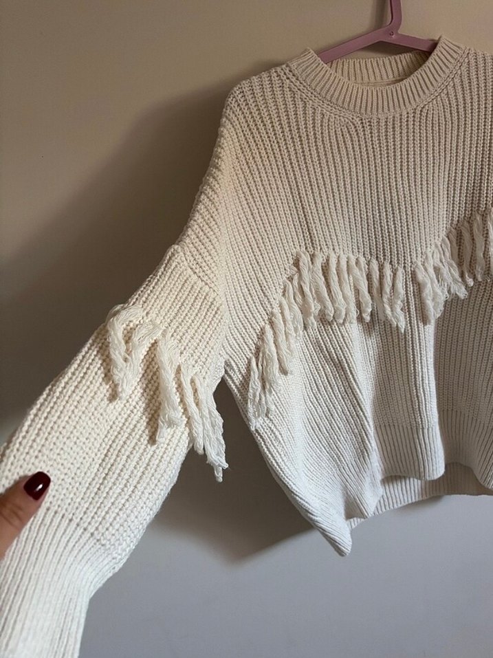 Beyaz Örgü Bohem Kadın Kazak - Görsel 2