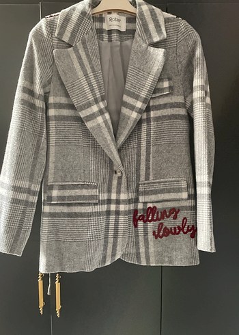 Düğmeli Gri Ekose Uzun Kadın Blazer