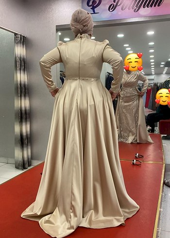 Bej Uzun Kollu Drapeli Kadın Abiye - Görsel 2