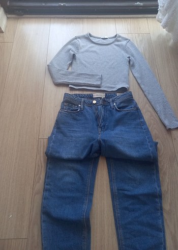 Gri Loose Fit Denim Kadın Pantolon badi hediye