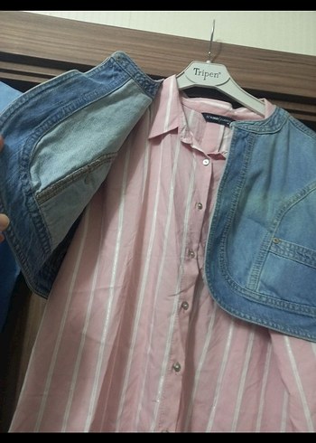 Mavi Denim Düğmeli Straplez Gömlek - Görsel 7