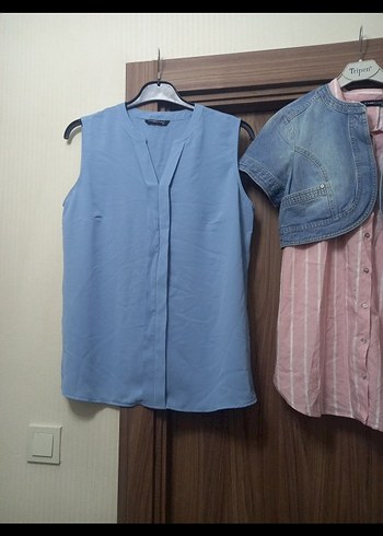 Mavi Denim Düğmeli Straplez Gömlek - Görsel 2