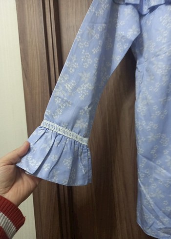 Mavi Fırfırlı Uzun Kollu Kadın Gömlek - Görsel 3