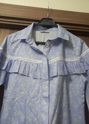 Mavi Fırfırlı Uzun Kollu Kadın Gömlek - Görsel 5