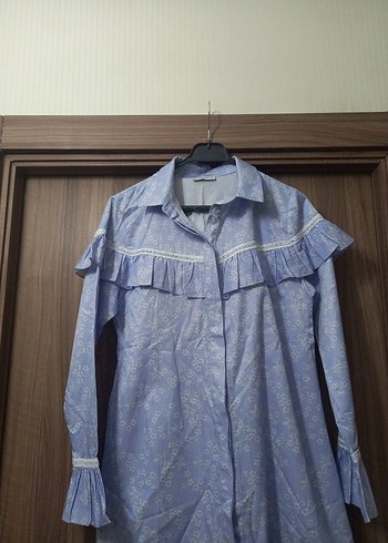 Mavi Fırfırlı Uzun Kollu Kadın Gömlek - Görsel 2