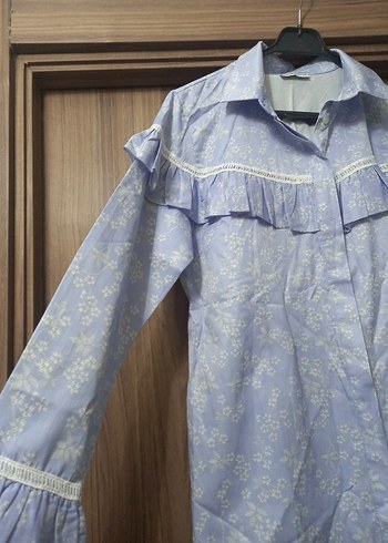 Mavi Fırfırlı Uzun Kollu Kadın Gömlek - Görsel 7