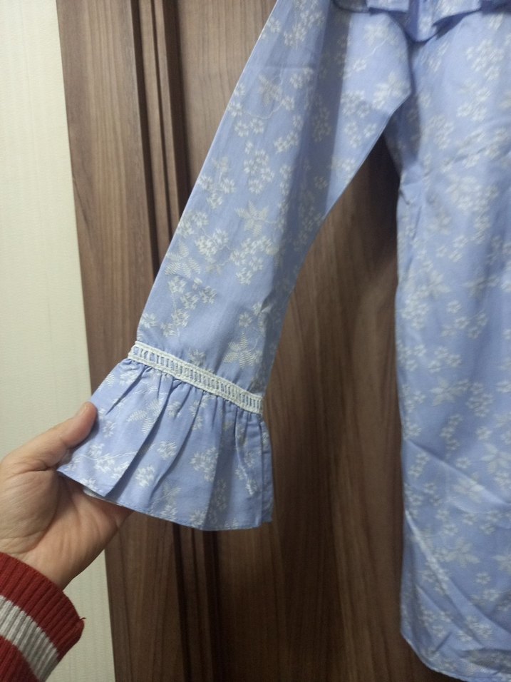 Mavi Fırfırlı Uzun Kollu Kadın Gömlek - Görsel 3