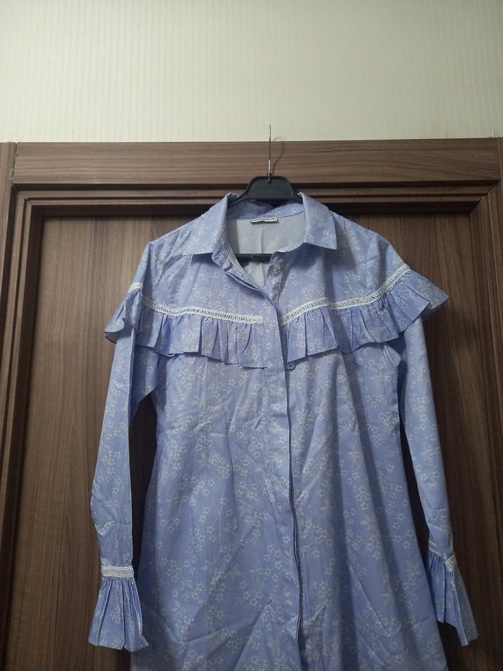 Mavi Fırfırlı Uzun Kollu Kadın Gömlek - Görsel 2