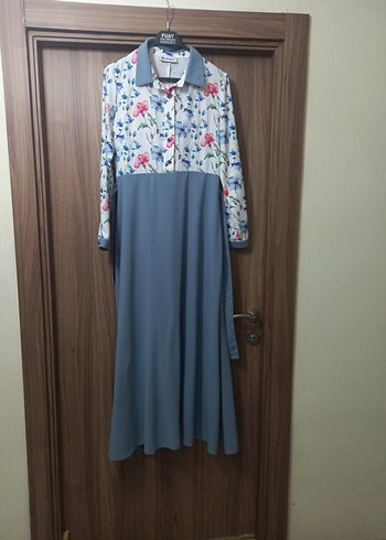 Çiçek Desenli Gri Uzun Kollu Elbise - Görsel 3