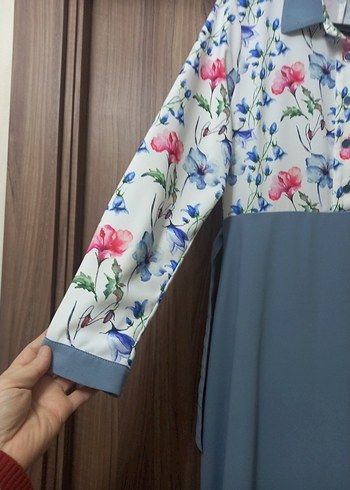 Çiçek Desenli Gri Uzun Kollu Elbise - Görsel 6