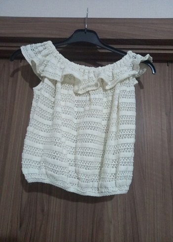 Beyaz Fırfırlı Bohem Kısa Triko Bluz - Görsel 2