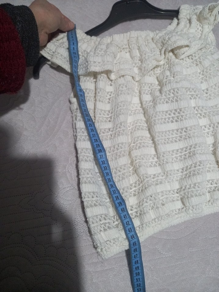 Beyaz Fırfırlı Bohem Kısa Triko Bluz - Görsel 5