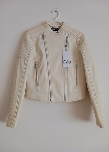 Zara Krem Deri Biker Ceket 