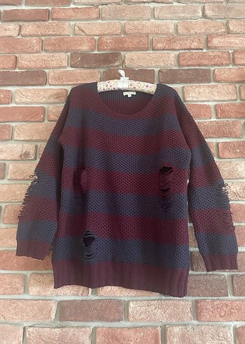 Bordo Lacivert Çizgili Kadın Triko Kazak - Görsel 2