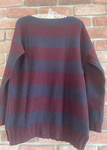 Bordo Lacivert Çizgili Kadın Triko Kazak - Görsel 3