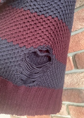 Bordo Lacivert Çizgili Kadın Triko Kazak - Görsel 5