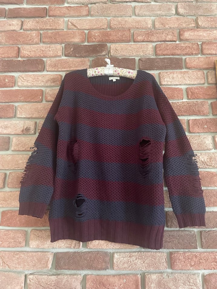 Bordo Lacivert Çizgili Kadın Triko Kazak - Görsel 2