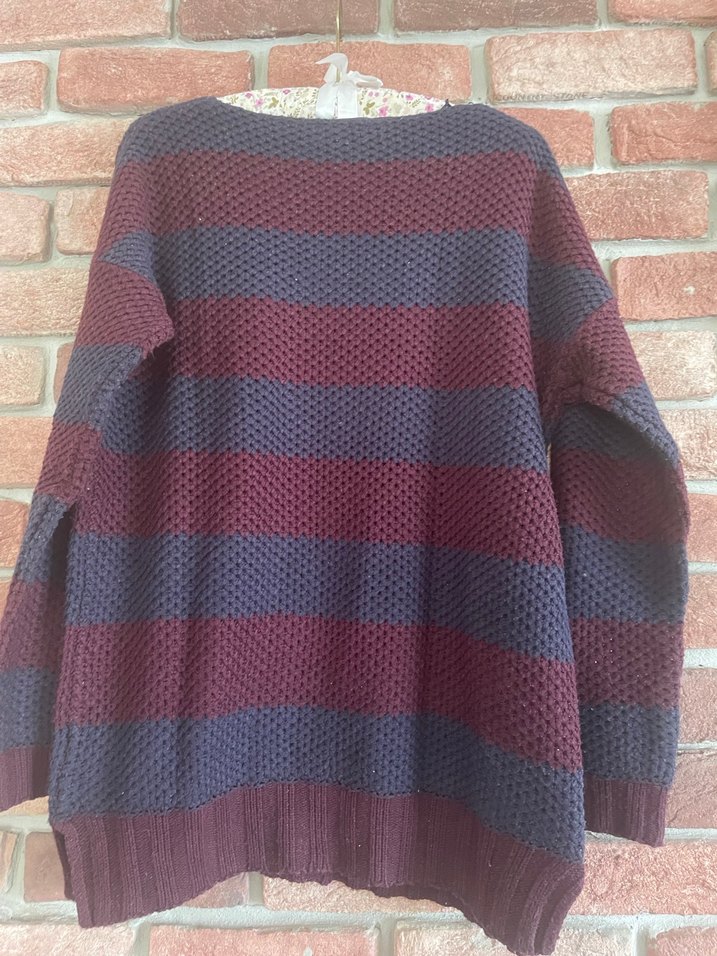 Bordo Lacivert Çizgili Kadın Triko Kazak - Görsel 3