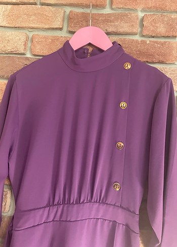 Kadın Mor Uzun Kollu Düğmeli Uzun Elbise - Görsel 4