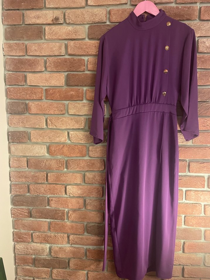 Kadın Mor Uzun Kollu Düğmeli Uzun Elbise - Görsel 3