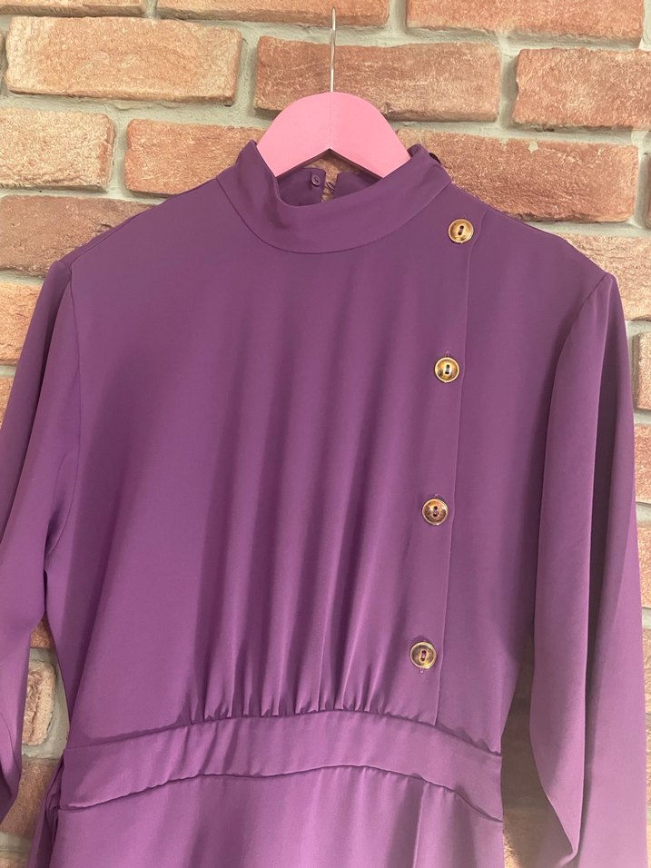 Kadın Mor Uzun Kollu Düğmeli Uzun Elbise - Görsel 4