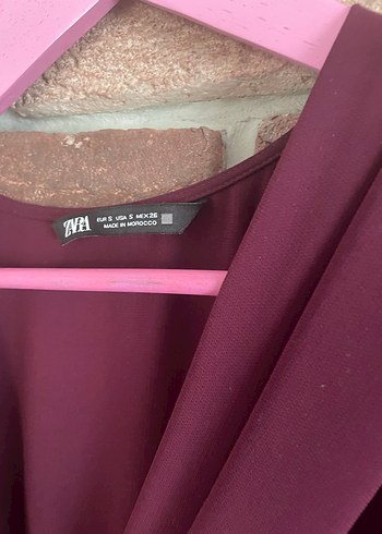 Zara Bordo Kemerli Uzun V Yaka Elbise - Görsel 3