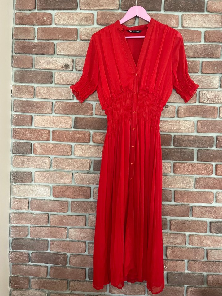 Kırmızı V Yaka Uzun Şifon Elbise - Görsel 2