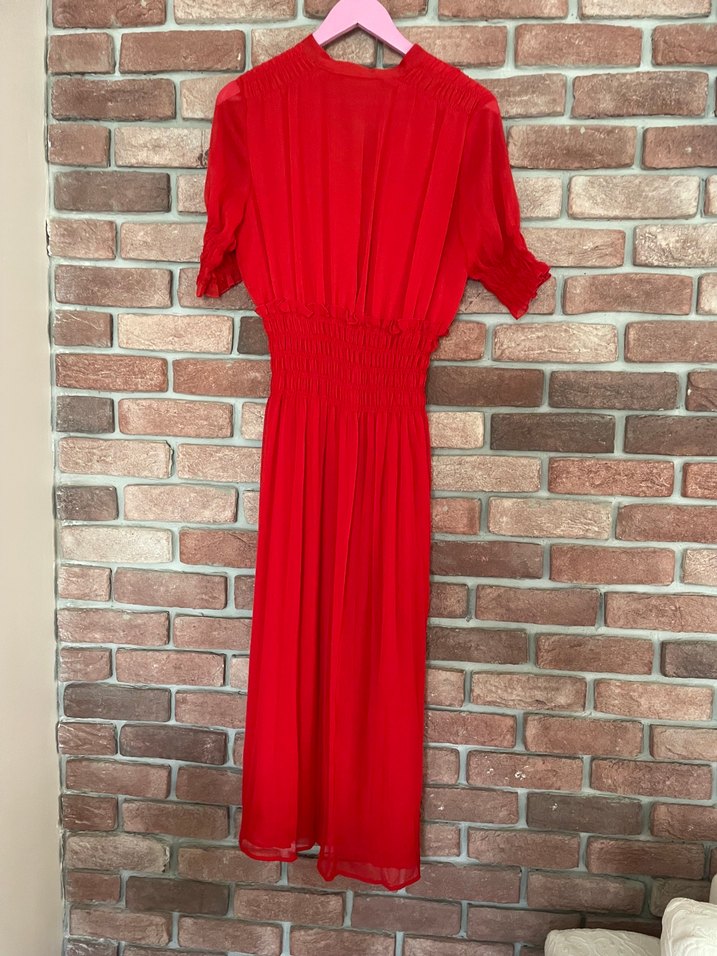 Kırmızı V Yaka Uzun Şifon Elbise - Görsel 5