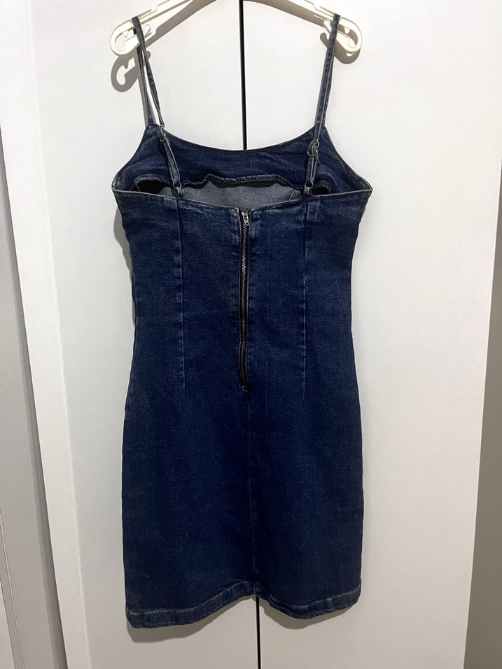 Lacivert İnce Askılı Kot Elbise - Görsel 2